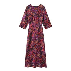 Zara NWOT Satin Floral Print Midi Dress‎ 3/4 Sleeve Purple Red Orange Large
